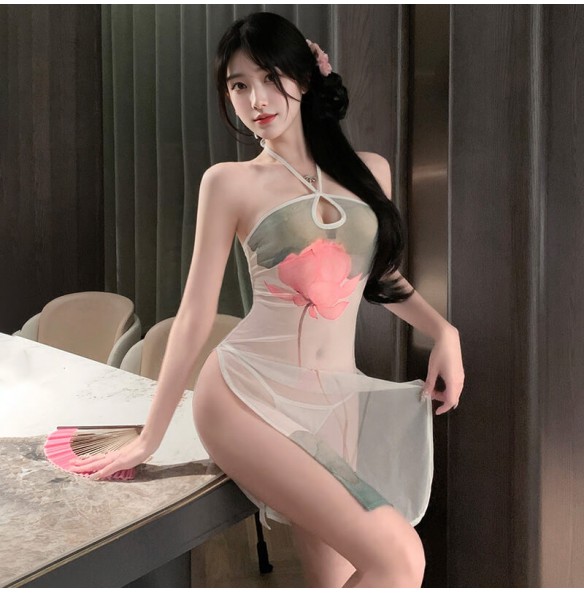 FEE ET MOI - Elegant Lotus Sheer Cheongsam Dress (White) FEE ET MOI - Elegant Lotus Sheer Cheongsam Dress (White)